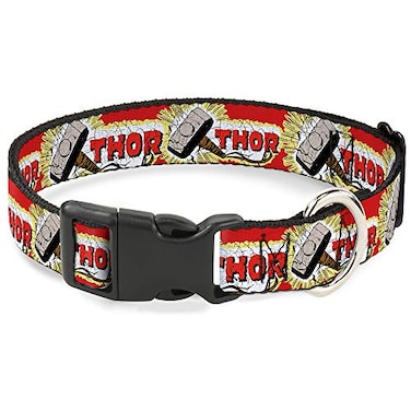 Buckle-Down Marvel Comics Pet Collar Dog Collar Plastic Buckle Thor Hammer Red Yellow White 15 to 24 Inches 10 Inch Wide