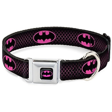 Buckle-Down Dog Collar Seatbelt Buckle Batman Shield Chainlink Black Hot Pink 20 to 31 Inches 15 Inch Wide