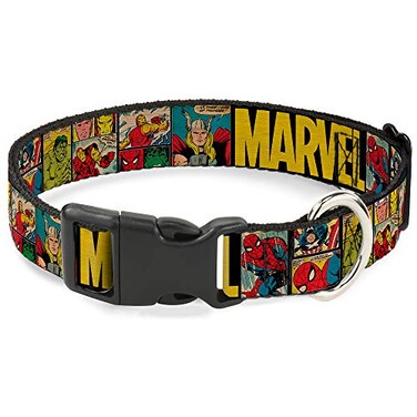 Buckle-Down Dog Collar Plastic Clip Marvel Retro Comic Panels Black Yellow 6 To 9 05 Wide