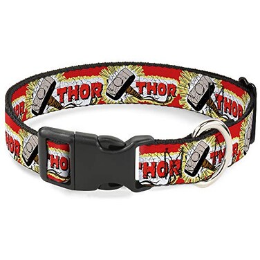 Buckle-Down Dog Collar Plastic Clip Thor Hammer Red Yellow White 9 to 15 Inches 10 Inch Wide Multicolor PCWTH005S