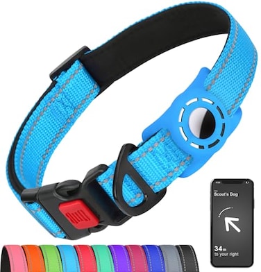 Erbine AirTag Dog Collar with AirTag Holder Compatible for Air Tag Reflective Soft Padded Safety Locking Buckle Adjustable Nylon for Small Medium Large Dogs SkyBlueS