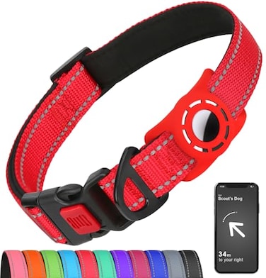 Erbine AirTag Dog Collar with AirTag Holder Compatible for Air Tag Reflective Soft Padded Safety Locking Buckle Adjustable Nylon for Small Medium Large Dogs RedM