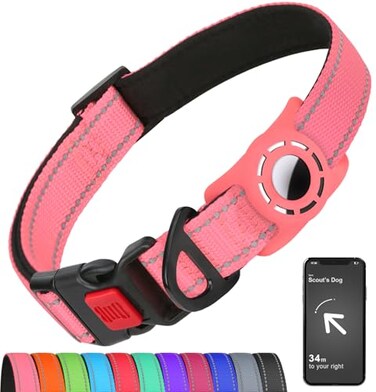 Erbine AirTag Dog Collar with AirTag Holder Compatible for Air Tag Reflective Soft Padded Safety Locking Buckle Adjustable Nylon for Small Medium Large Dogs PinkS