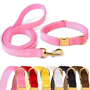GAMUDA Velvet Dog Collar and Leash Super Soft and Smooth Heavy Duty Gold Buckle Comfortable and Easy to Clean Adjustable Collar for Dog S Pink
