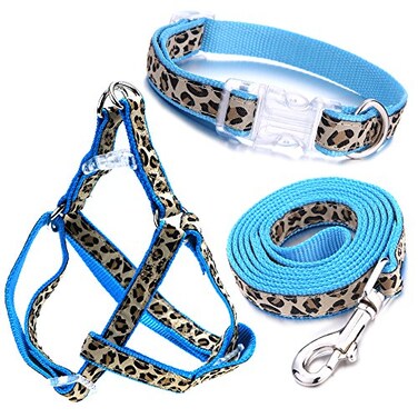 Mile High Life Leopard Dog Harness Collar Leash Set Adjustable No Pull Dog Halter Harness for Small Breed Dogs Easy Control for Training Walking Blue XS Chest 915 Neck 812