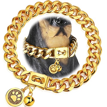 iDofas Gold Dog Chain Collar 19mm Metal Chain Collar with Secure Buckle 18K Gold Cuban Link Dog Collar Heavy Duty for Medium Large Dogs12
