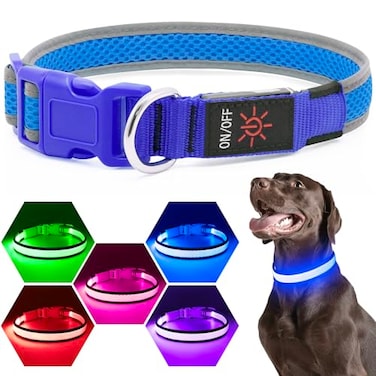 Flashseen LED Dog Collar Light Up Dog Collar USB Rechargeable Brightest Dog Lights for Night Walking Adjustable Dog Collar Light for Dog Safety Blue Medium