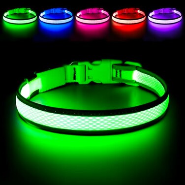 Flashseen LED Dog Collar Light Up Dog Collar USB Rechargeable Brightest Dog Lights for Night Walking Adjustable Dog Collar Light for Dog Safety Green Medium