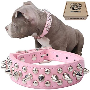 TEEMERRYCA Adjustable Leather Spiked Studded Dog Collars with a Squeak Ball Gift for Small Medium Large Pets Like CatsPit BullBulldogPugsHusky Pink L15185