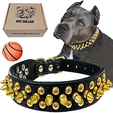 TEEMERRYCA Black Leather Dog Collar with Gold Spikes for Small Medium Large PetsPit BullsBulldog Keep Dog Safe from Grabbing by Huge DogsXL177205