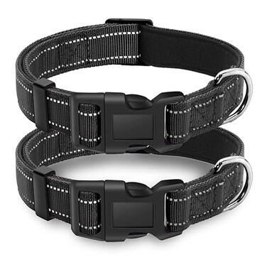 LIEVUIKEN 2 Pack Reflective Dog Collar with Safety Locking Buckle Adjustable Soft Breathable Comfortable Nylon Pet Collar for Small Medium and Large Dogs Black S