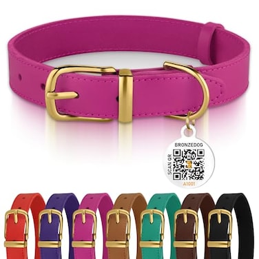 BRONZEDOG Leather Dog Collar with Metal Buckle Durable Basic Pet Collars for Small Medium Large Dogs 1921 Inch Pack of 1 Pink Gold Buckle