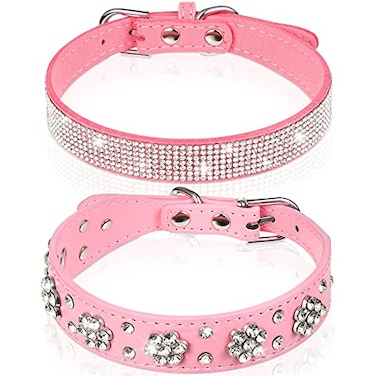 Frienda 2 Pieces PU Leather Dog Collar Pink Rhinestone Pet Collar Flower Pattern Studded Dog Collar Adjustable Bling Puppy Collar PU Leather Crystal Pet CollarsM 1215 Inch