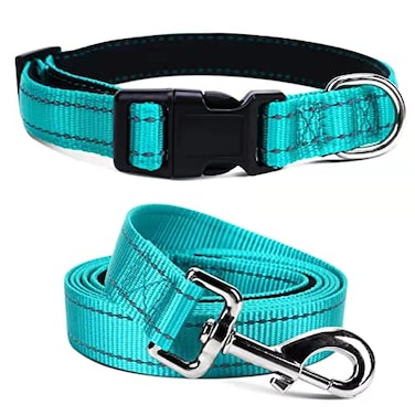 Jumpress Durable Reflective Dog Collar and Leash Set with Double Layer Nylon Soft Neoprene Padded Dog Collar with 5ft Strong Pet Leash Easy for Medium Large Dogs WalkingTealNeck fit 140235