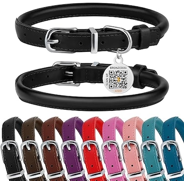 BRONZEDOG Rolled Leather Dog Collar for Small Medium Large Dogs with QR ID Tag L 1618 Inch Glossy Black