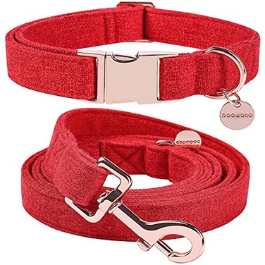 DOGWONG Cotton Dog Collar and Leash Red Pet Collar Soft Durable for Small Medium Large Boy Girl Dogs