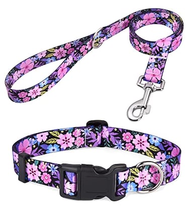 Mihqy Dog Collar and Leash Set with Bohemia Floral Tribal Geometric Patterns Soft Ethnic Style Collar Adjustable for Small Medium Large DogsPink Floral SetXS