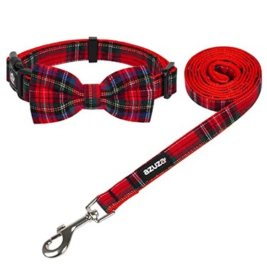 azuza Christmas Buffalo Dog Collar and Leash Set Classic Plaid Collar with Removable Bowtie and Matching Leash for Puppy Small Dogs