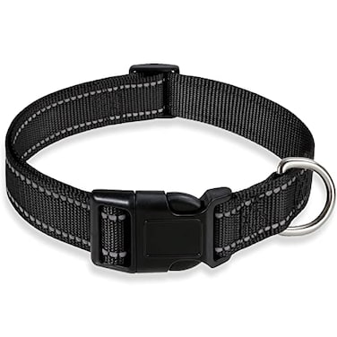 BOOMIBOO Reflective Dog Collar with Buckle Adjustable Safety Nylon Collars for Small Medium Large Dogs Black S