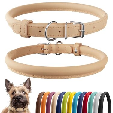 CollarDirect Rolled Leather Dog Collar Soft Padded Round Puppy Collar Handmade Genuine Leather Collar Dog Small Large Cat Collars 13 Colors 6 Inch Beige Smooth
