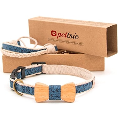 Pettsie Adjustable Dog Bow Tie Collar with Matching Owner Friendship Bracelet Stylish Durable Pet Accessory Soft Hemp Cotton Secure DRing GiftReady Set Small Blue