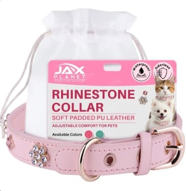 JAX PLANET Bling Rhinestone Dog Cat Collar for Small Dogs Cats Crystal Flower Design Soft Padded Adjustable Vegan PU Leather Pink M
