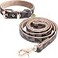 KUDES Dog Leather Collar and 4 ft Leash Adjustable Basic Collar with Bell Checkered Pattern Durable Leather Collar and Leash with Metal Buckle for Small Medium Large Dogs