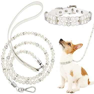 Weewooday 2 Pcs Dog Wedding Collar with Leash Pearl Necklace Collar and Beaded Leash with Lockable Hooks and 2 Rows of Pearls Adjustable for Pet Cat BridalMedium