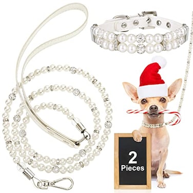 Weewooday 2 Pcs Dog Wedding Collar with Leash Pearl Necklace Collar and Beaded Leash with Lockable Hooks and 2 Rows of Pearls Adjustable for Pet Cat BridalSmall