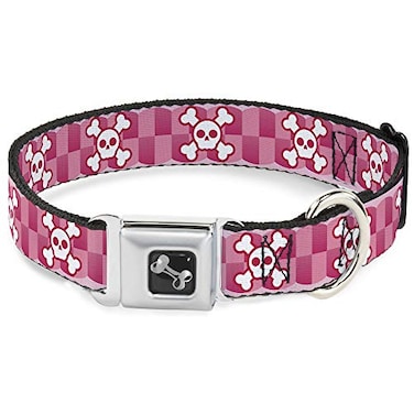 Buckle-Down BuckleDown Seatbelt Buckle Dog Collar Cute Skulls wCheckers PinksWhite 15 Wide Fits 1623 Neck Medium