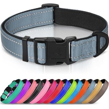 Joytale Reflective Dog Collar Soft Neoprene Padded Metal DRing Nylon Pet Collar Adjustable for Medium Dogs Gray M