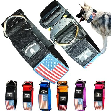 DEZIZEUSK9 Tactical Dog Collar 2 Inch Wide Thick Heavy Duty Military Style with Metal Buckle Adjustable for Medium Large Breeds Durable K9 Training Gear with Patch Area USA Flag Patch Strong and Secur
