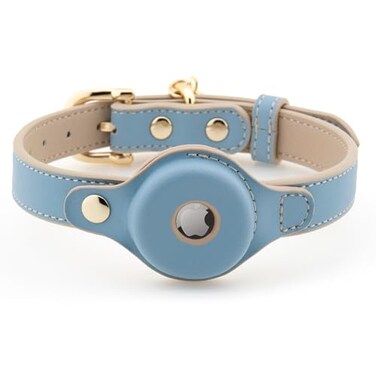NINA WOOF Cupertino Dog Collars Harnesses Leashes Made from Vegan Leather with Dog Tracker Device Holder Adjustable Dog Collar Small Blue