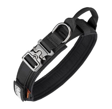 EXCELLENT ELITE SPANKER Tactical Dog Collar Nylon Adjustable Training Collar Military Dog Collar Heavy Duty Metal Buckle with Control Handle for Medium and Large Dogs with PatchesBlackL