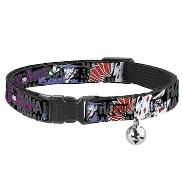 Buckle-Down Cat Collar Breakaway The Joker Pose Cards Hahahaha Black Gray 8 to 12 Inches 05 Inch Wide