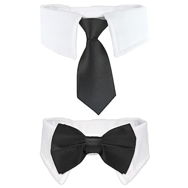 Koolmox Pet Ties KOOLMOX Handcrafted Adjustable White Collar with Black Tie and Bow for Pet Cat Bow Tie for Medium Sized Dogs Tuxedo Tux Suits Wedding Birthday Valentines Day Grooming 2 Pack Black