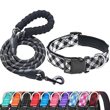 Ladoogo Reflective Dog Collar Padded with Soft Neoprene Breathable Adjustable Nylon Dog Collars for Small Medium Large Dogs Large Pack of 1 Black Plaid CollarLeash