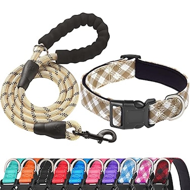 Ladoogo Reflective Dog Collar Padded with Soft Neoprene Breathable Adjustable Nylon Dog Collars for Small Medium Large Dogs Medium Pack of 1 Vanilla Plaid CollarLeash