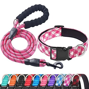 Ladoogo Reflective Dog Collar Padded with Soft Neoprene Breathable Adjustable Nylon Dog Collars for Small Medium Large Dogs Medium Pack of 1 Pink Plaid CollarLeash