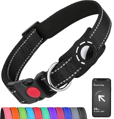 Erbine AirTag Dog Collar with AirTag Holder Compatible for Air Tag Reflective Soft Padded Safety Locking Buckle Adjustable Nylon for Small Medium Large Dogs BlackL