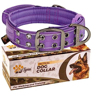 ADITYNA Heavy Duty Dog Collar for Large Dogs Reflective Purple Collar with Handle for Training and Walking Wide Thick Tactical Soft Neoprene Padded