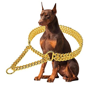 KINGOLDOGS Stainless Steel 18K Gold Dog Chain Collar Adjustable Chew Proof Cuban Link Double Row Metal Walking Collar for Large Small Medium Dogs S 12 16