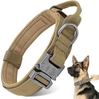Antswish Tactical Dog Collar Military Dog Collar Adjustable Heavy Duty Metal Buckle Nylon Collar with Control Handle for Small Medium Large Dogs Brown L