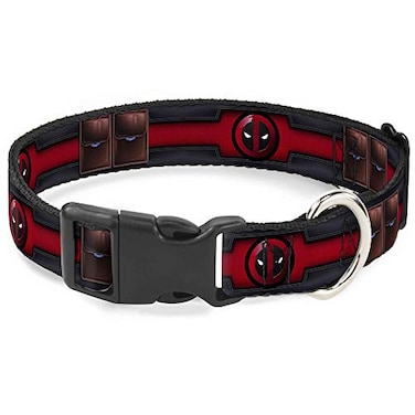 Buckle-Down Dog Collar Plastic Clip Deadpool Utility Belt Logo Pockets Black Reds Browns 9 to 15 Inches 05 Inch Wide