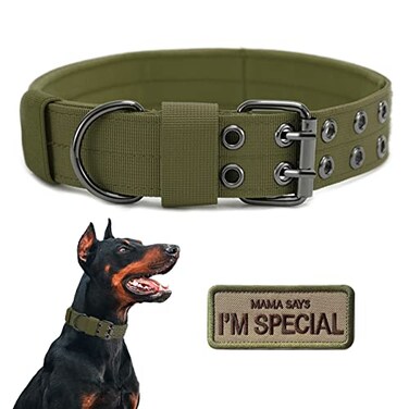 Periflowin Tactical Dog Collar Military Adjustable Dog Collars Soft Nylon Training Collar with Patch Heavy Duty Metal Buckle Collars for Medium Large Dogs Green L