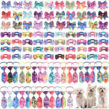 Reginary 100 Pieces Dog Bow Tie Collar Set Include 40 Dog Neckties and 30 Puppy Bowties 30 Collar Flowers Adjustable Pet Ties Grooming for Small Medium Cats Pets SupplyTiedye