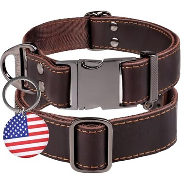 ADITYNA Leather Dog Collar with Metal Buckle HeavyDuty Adjustable for Large Extra Large Dogs Walking Training Brown Fits 1930 Necks