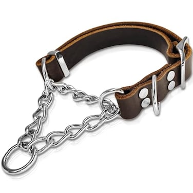 HONGSAGE Leather Martingale Dog Collar Soft Genuine Cowhide Handmade Assembled Stainless Steel Chain Martingale Collar Adjustable for Medium Large Dogs Pets L Neck 2025Martingale