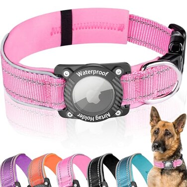 AgoumLux Upgraded AirTag Dog Collar IP68 Waterproof Dog Collar with Apple Air Tag Holder Reflective Adjustable Heavy Duty Dog Collars with Soft Padded for Small Medium and Large DogsPink M