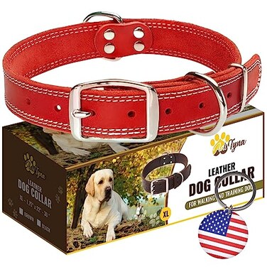 ADITYNA Heavy Duty Red Leather Dog Collar for Large Dogs Soft and Strong Leather Collar for Walking and Training